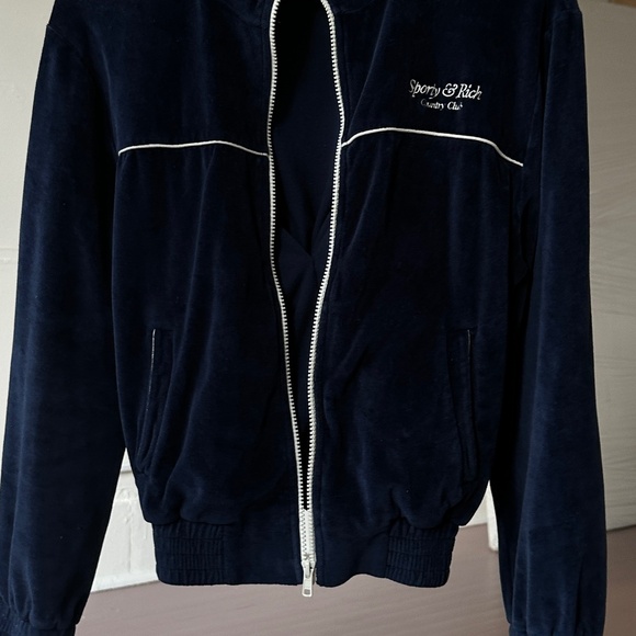 Sporty & Rich Script Cotton Velour Track Jacket - Navy Blue/Cream M - Picture 5 of 8